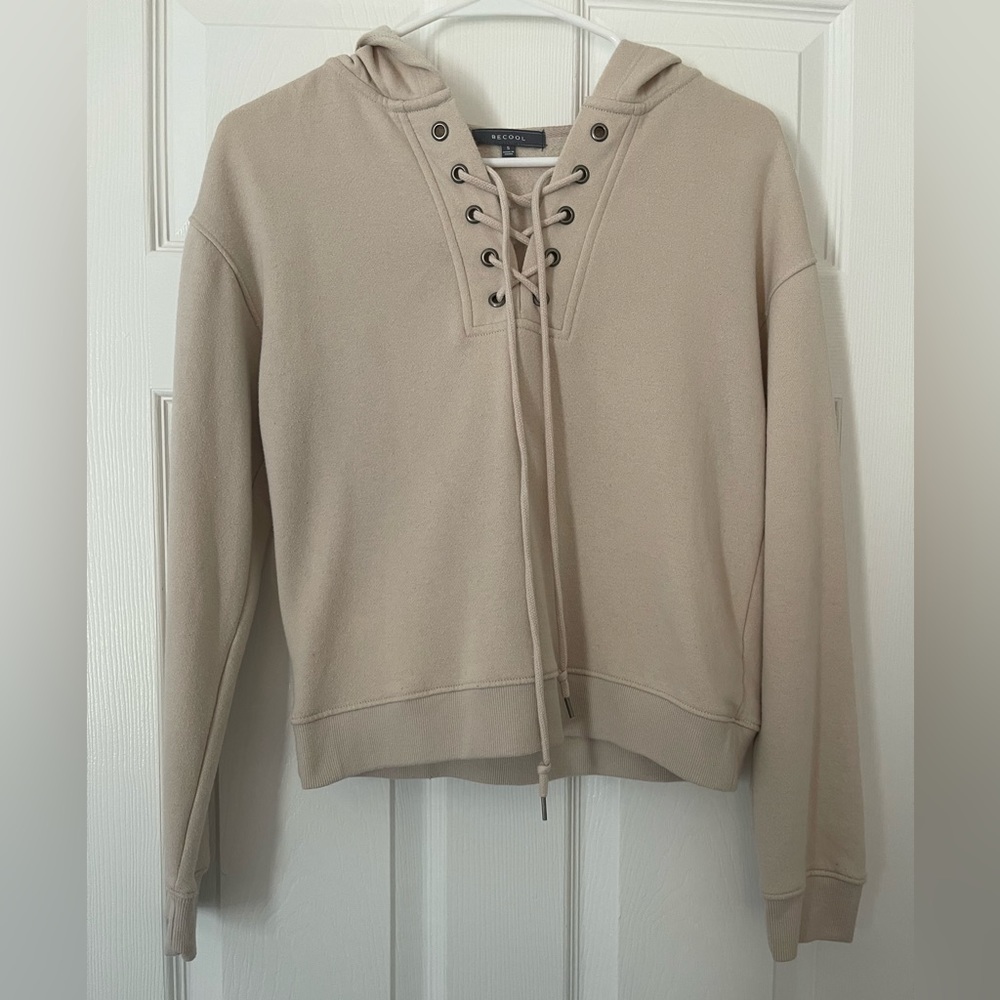 Tan lace up cropped hoodie